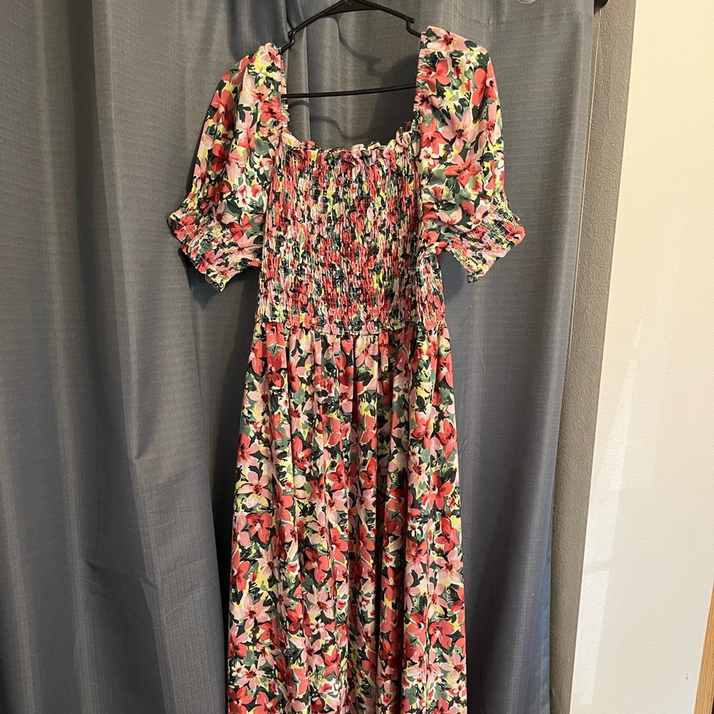 All over floral print shirred frill trim puff sleeve dress